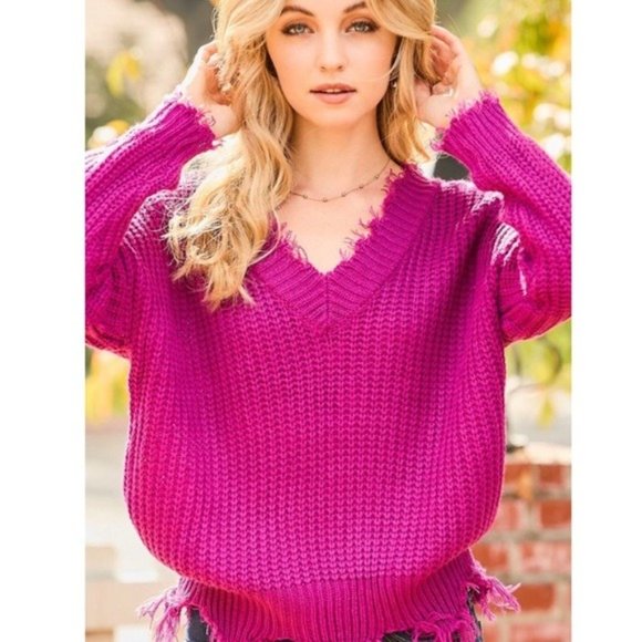 Off Shoulder Distressed V Neck Sweater Magenta Pink - Picture 7 of 7